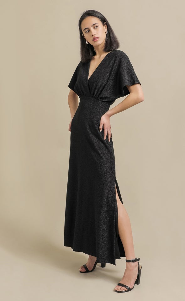 Glitter Knit Flutter Sleeve Gown Black