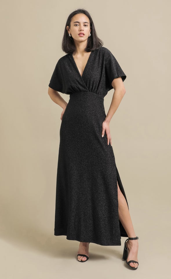 Glitter Knit Flutter Sleeve Gown Black