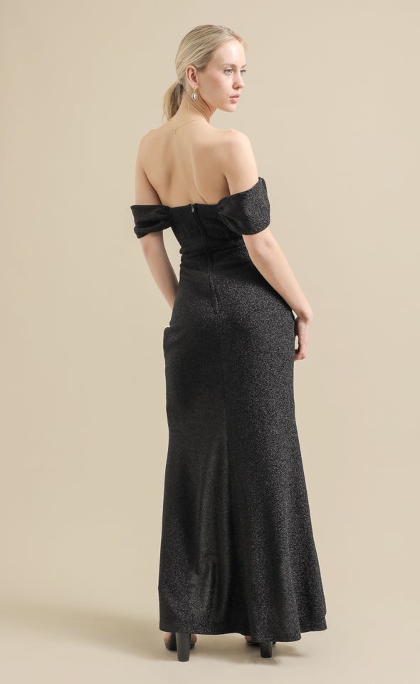 Glitter Knit Pleated Corset Gown Black