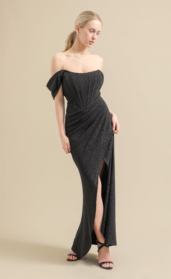 Glitter Knit Pleated Corset Gown Black