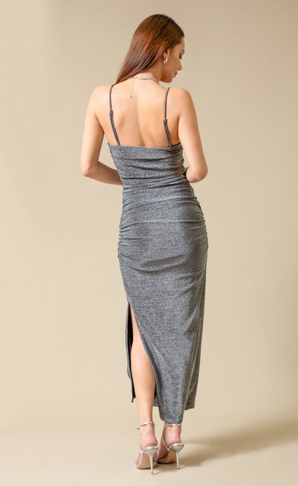 Glitter Knit Ruched Slip Gown Black/ Silver