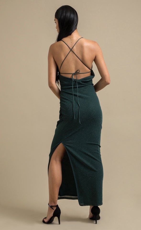 Glitter Mesh Cowl Back Gown Emerald