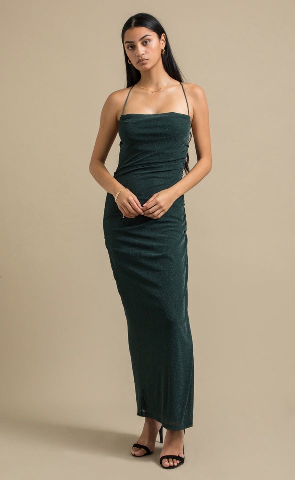 Glitter Mesh Cowl Back Gown Emerald