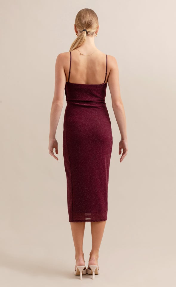 Glitter Mesh Cowl Midi Dress Merlot