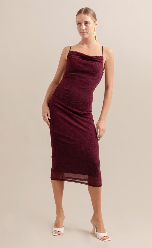 Glitter Mesh Cowl Midi Dress Merlot