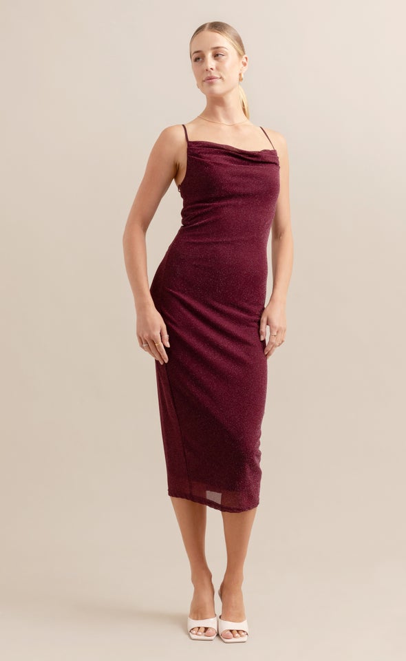 Glitter Mesh Cowl Midi Dress Merlot