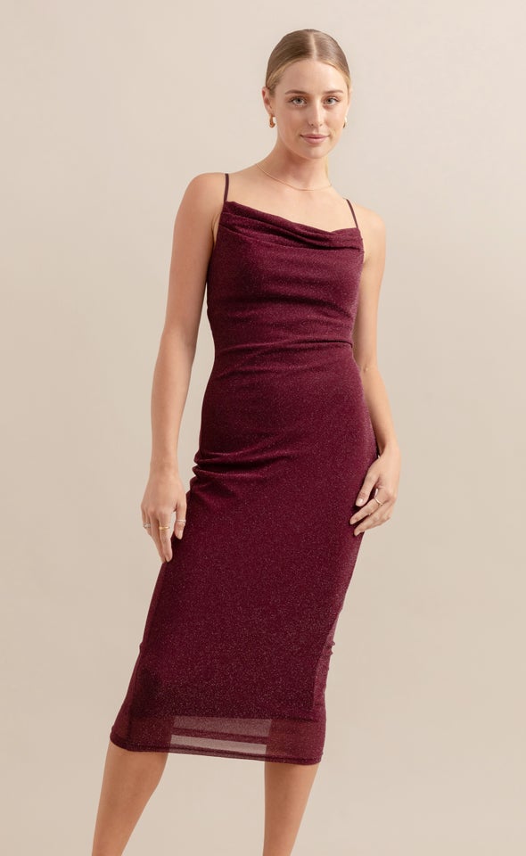 Glitter Mesh Cowl Midi Dress Merlot