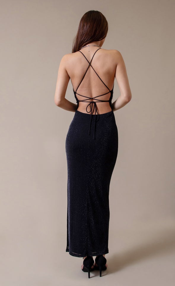 Glitter Mesh Open Back Gown Black/ Silver