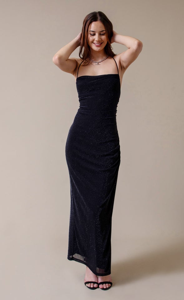 Glitter Mesh Open Back Gown Black/ Silver