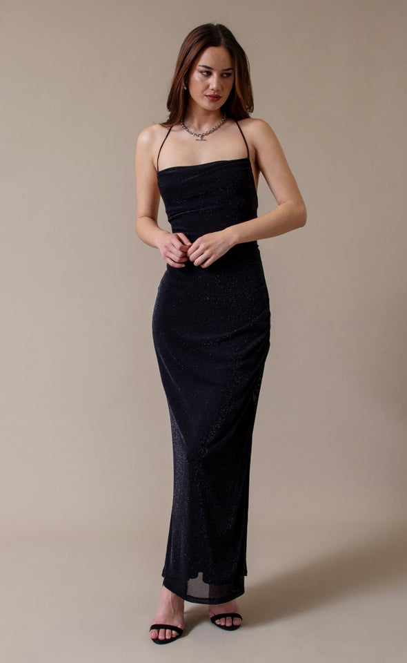 Glitter Mesh Open Back Gown Black/ Silver