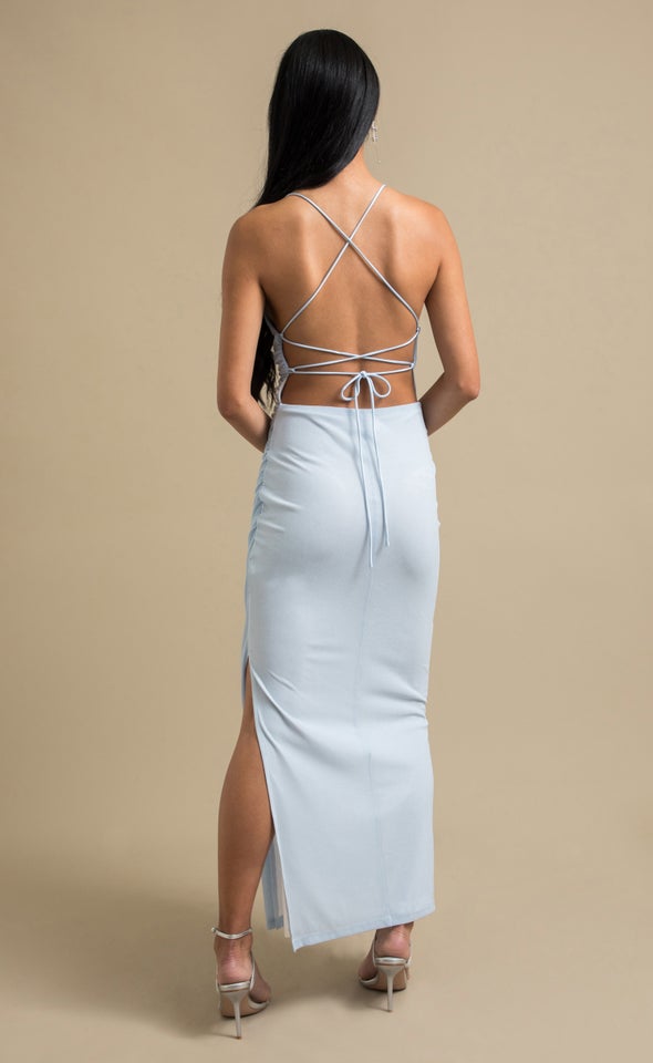 Glitter Mesh Open Back Gown Ice Blue