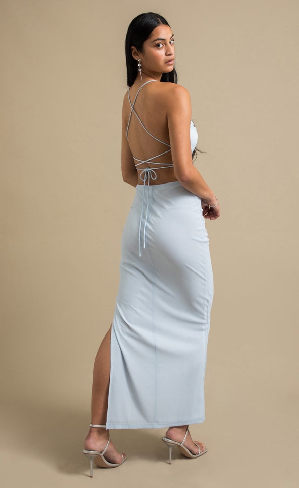 Glitter Mesh Open Back Gown Ice Blue