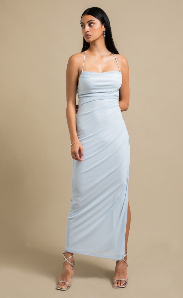 Glitter Mesh Open Back Gown Ice Blue