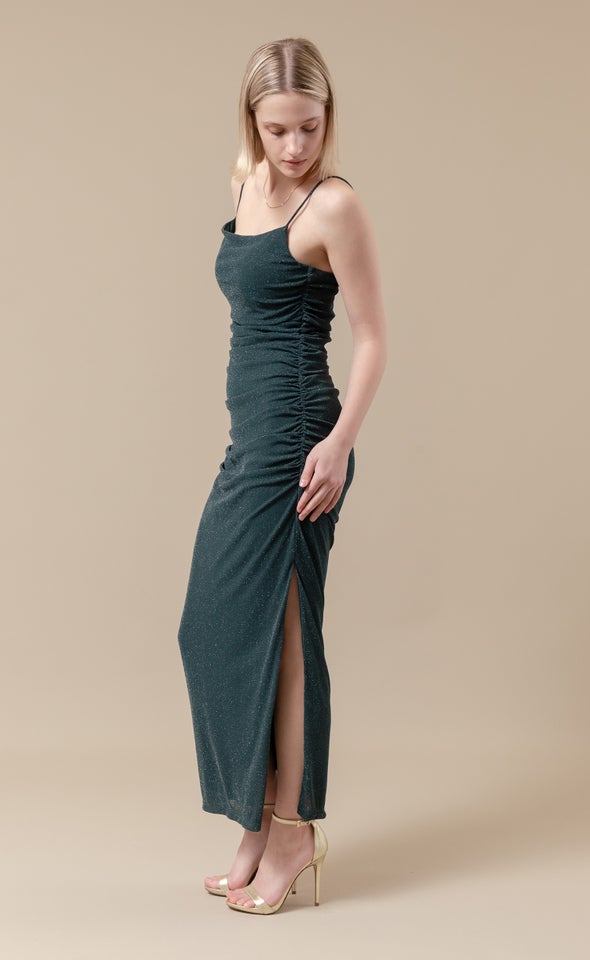 Glitter Mesh Ruched Gown Emerald