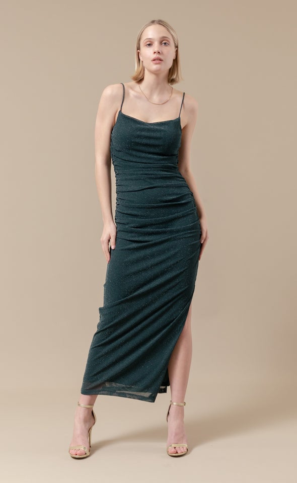 Glitter Mesh Ruched Gown Emerald