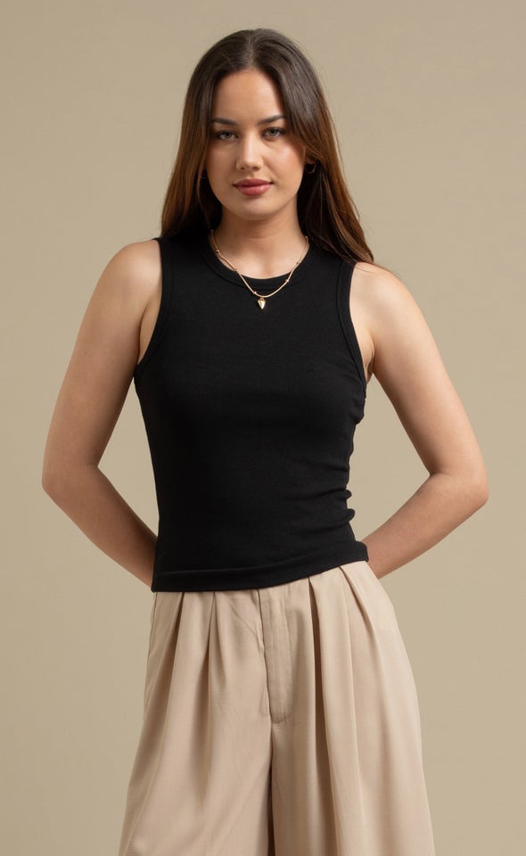 High Neck Rib Tank Black