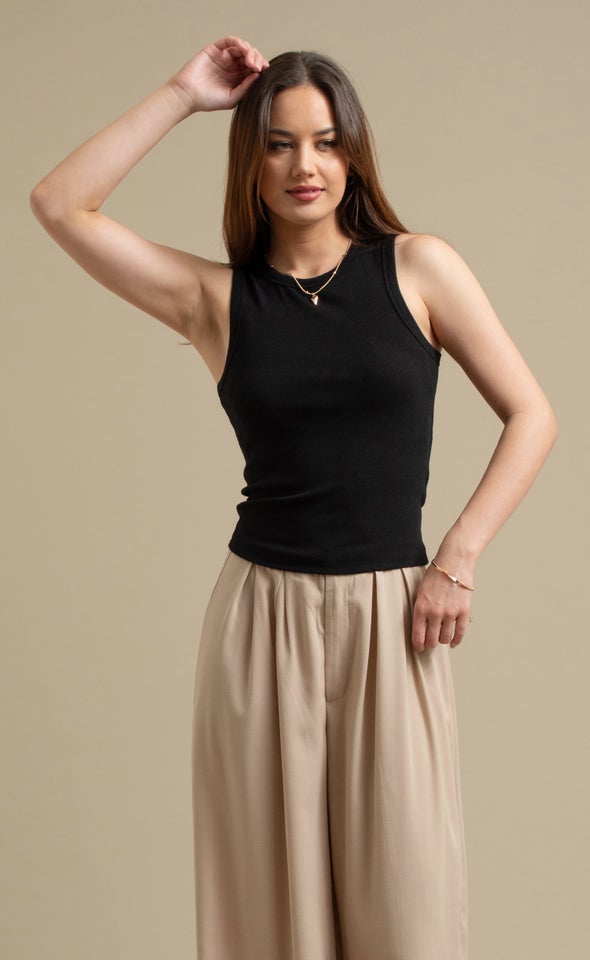 High Neck Rib Tank Black