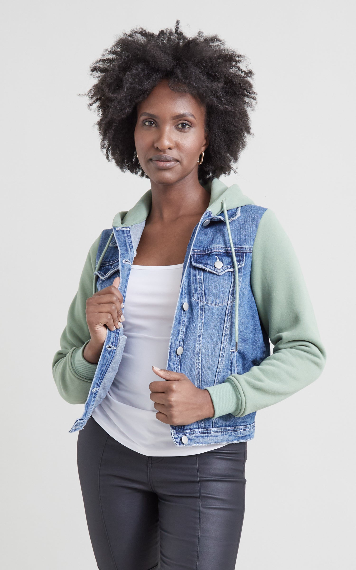 MISS MOLY Women's Hooded Jean Jacket Drawstring Layered Washed Long Sleeve  Sweatshirt Hoodie Denim Jacket w 2 Pockets at Amazon Women's Coats Shop
