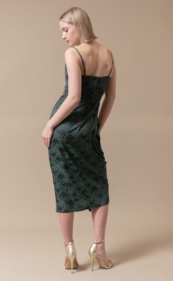 Jacquard Satin Cowl Split Hem Dress Emerald/floral