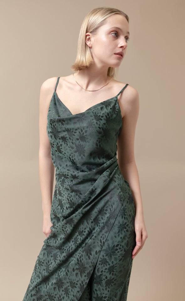 Jacquard Satin Cowl Split Hem Dress Emerald/floral