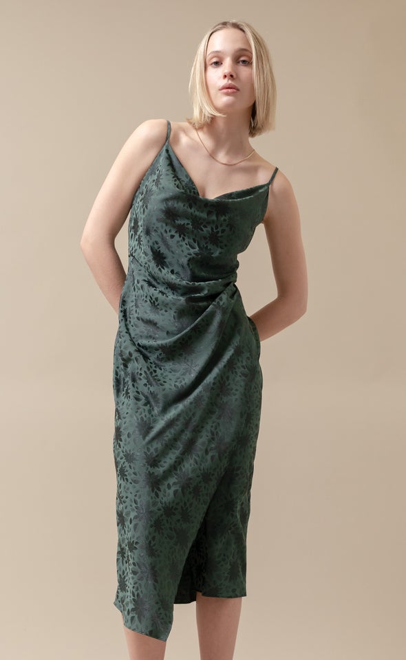 Jacquard Satin Cowl Split Hem Dress Emerald/floral