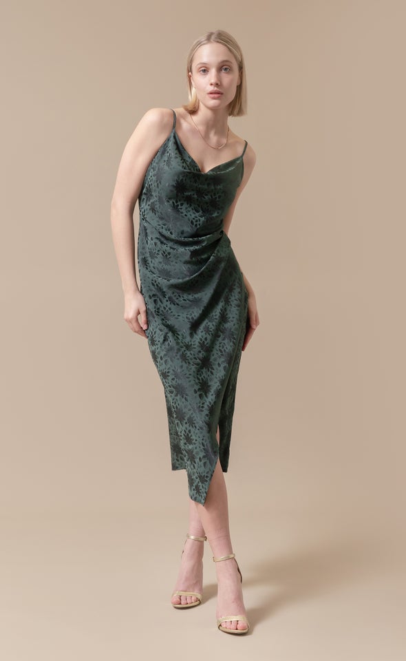 Jacquard Satin Cowl Split Hem Dress Emerald/floral