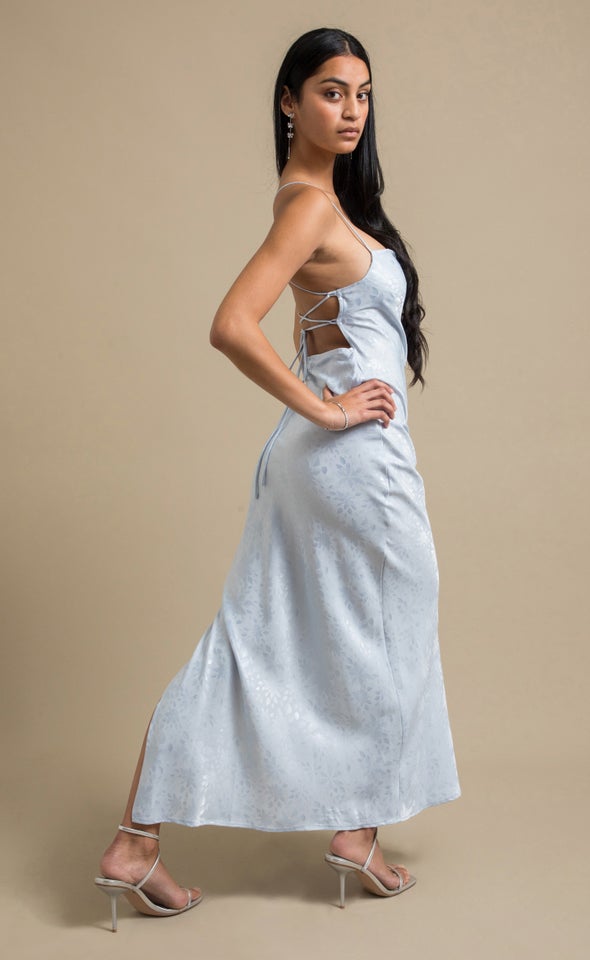 Jacquard Satin Low Cross Back Gown Ice Blue/floral