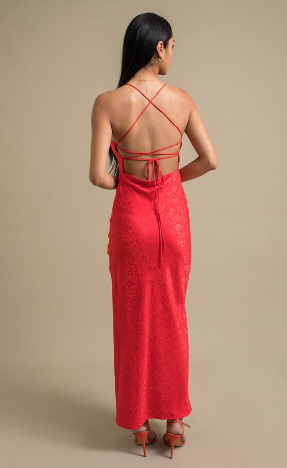 Jacquard Satin Low Cross Back Gown Red/floral