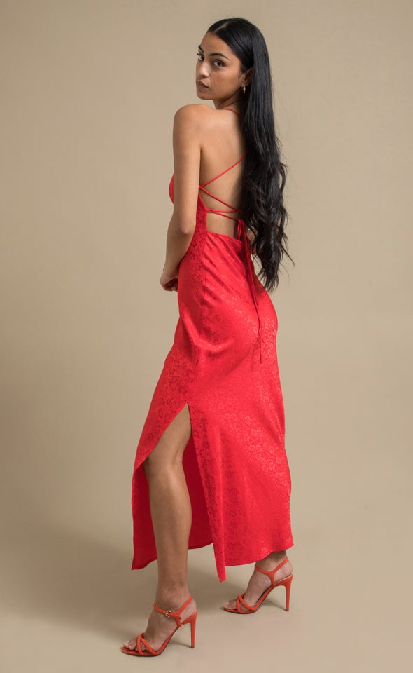 Jacquard Satin Low Cross Back Gown Red/floral