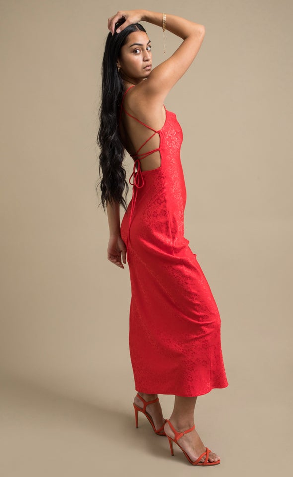 Jacquard Satin Low Cross Back Gown Red/floral