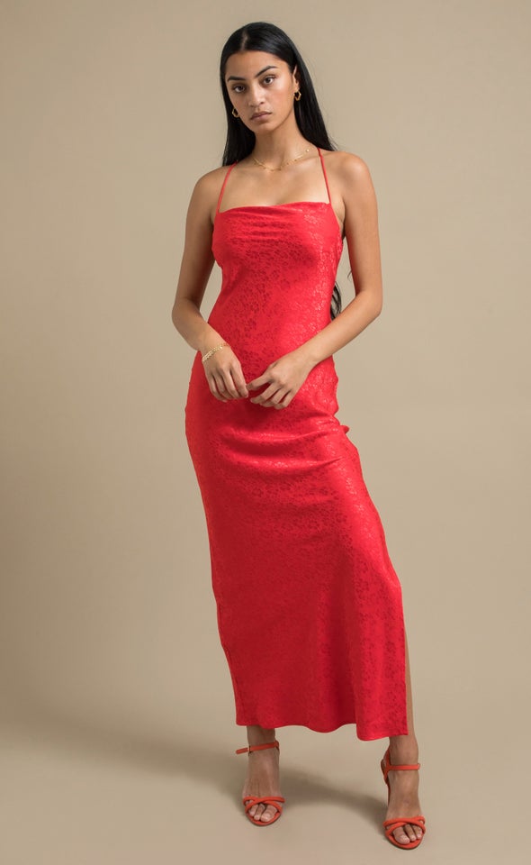 Jacquard Satin Low Cross Back Gown Red/floral