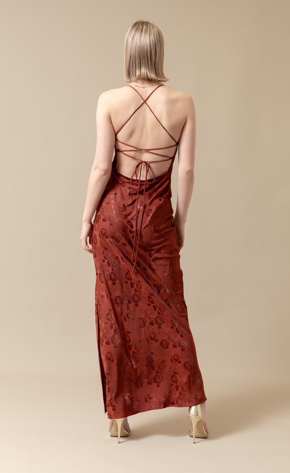 Jacquard Satin Low Cross Back Gown Rust/floral