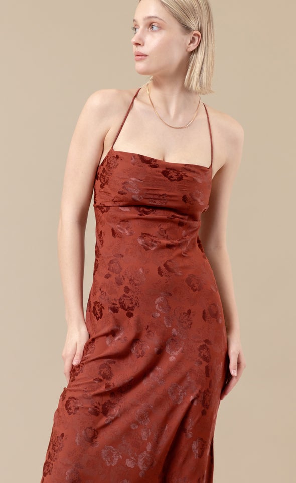 Jacquard Satin Low Cross Back Gown Rust/floral