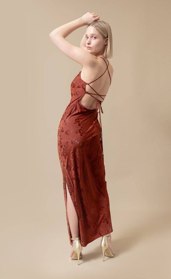 Jacquard Satin Low Cross Back Gown Rust/floral