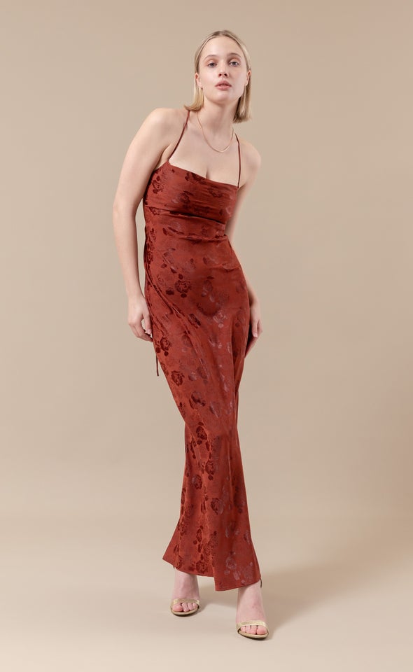 Jacquard Satin Low Cross Back Gown Rust/floral