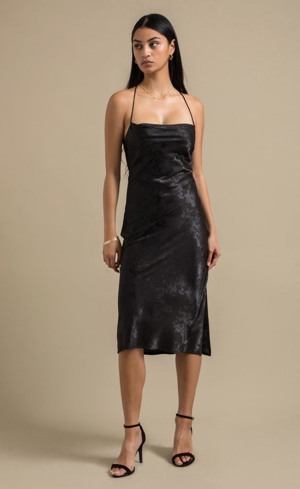 Jacquard Satin Low Cross Back Midi Dress Black