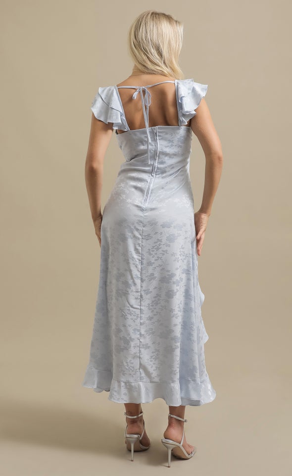 Jacquard Satin Ruffle Detail Gown Ice Blue