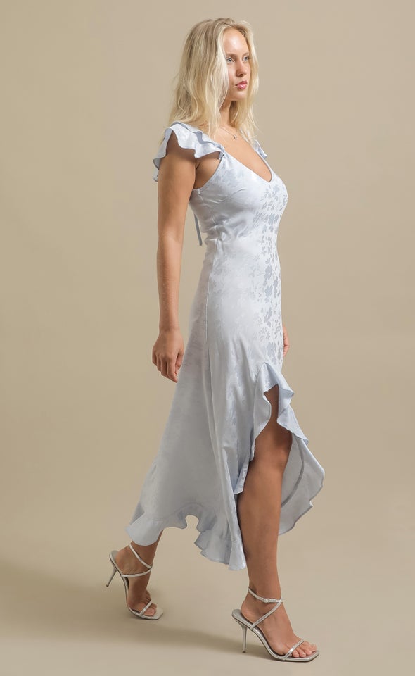 Jacquard Satin Ruffle Detail Gown Ice Blue