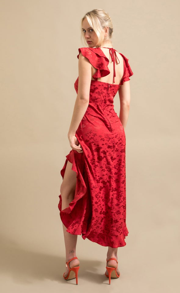 Jacquard Satin Ruffle Detail Gown Red Wine