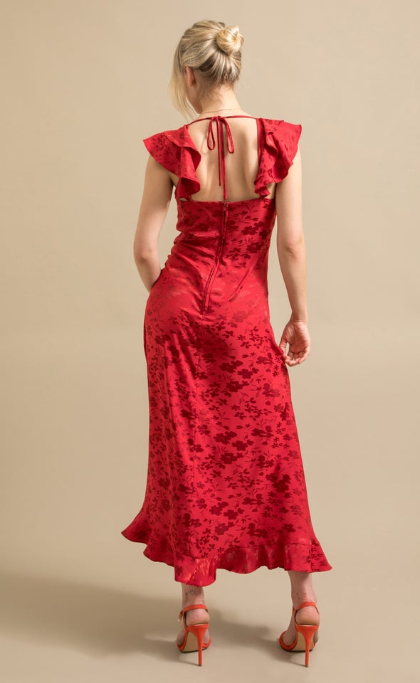 Jacquard Satin Ruffle Detail Gown Red Wine