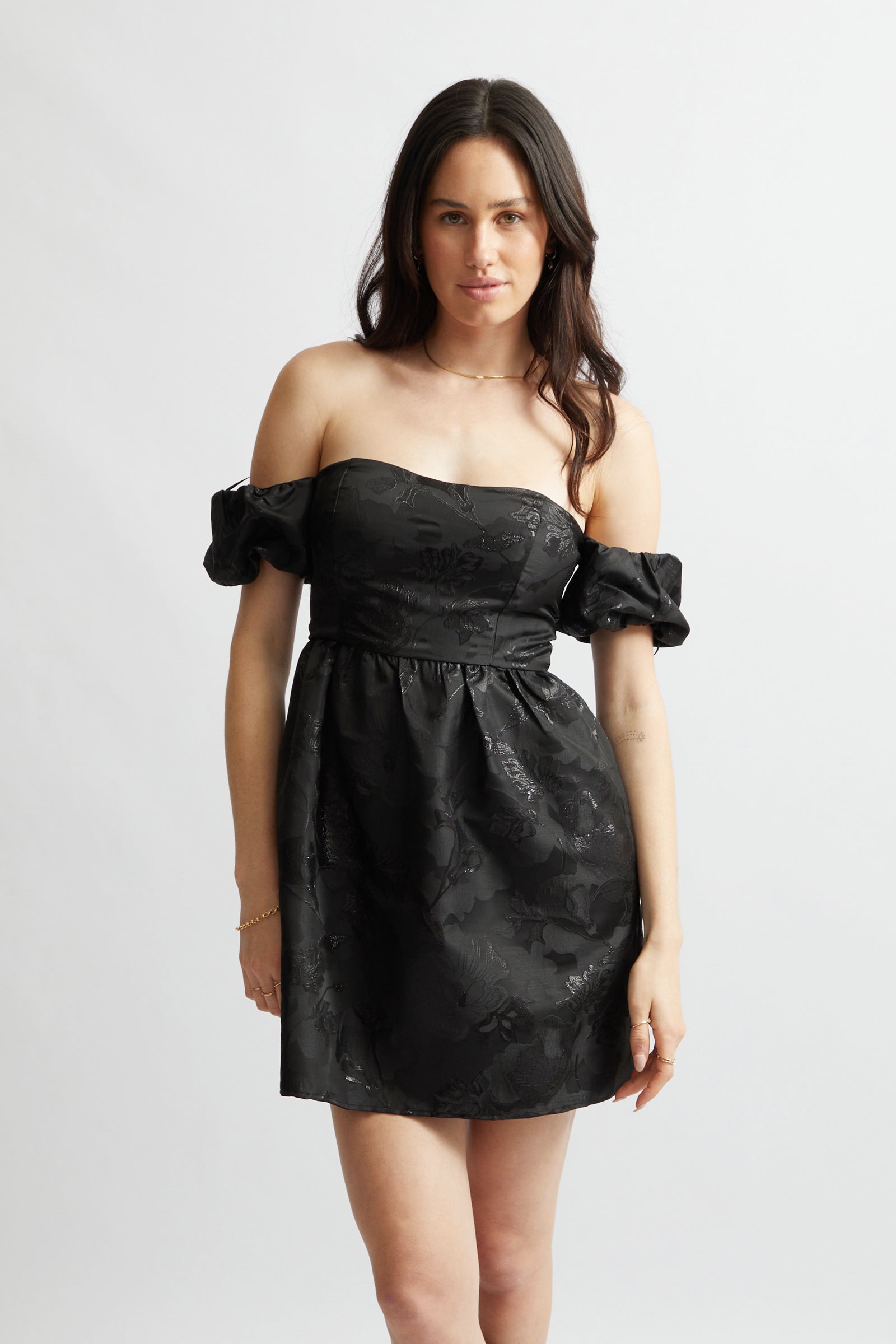 Jacquard Strapless Puff Sleeve Dress | Pagani