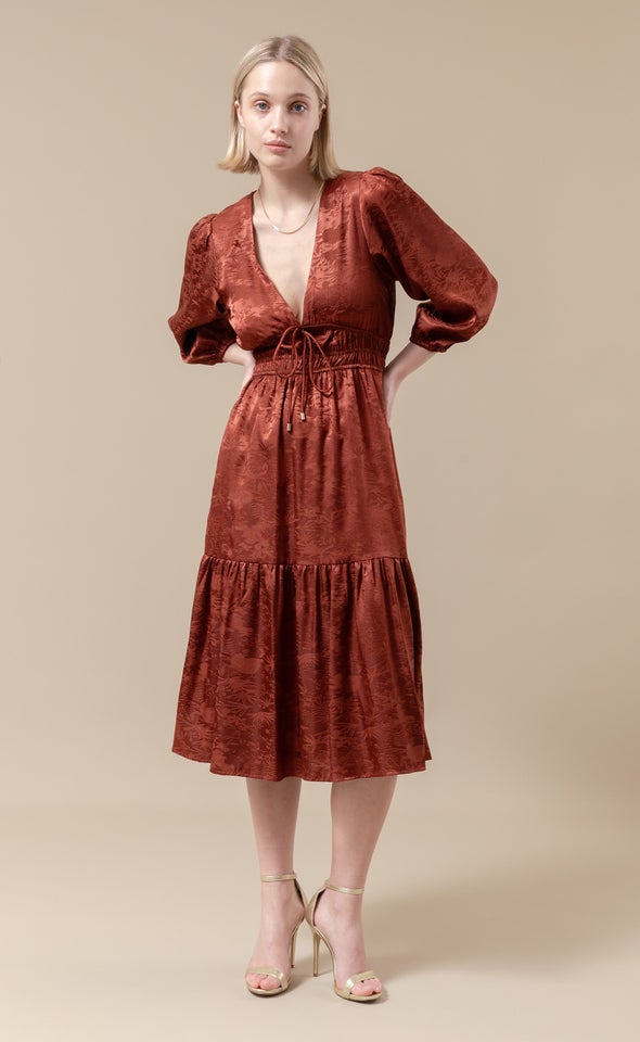 Jacquard Tie Front Dress Rust