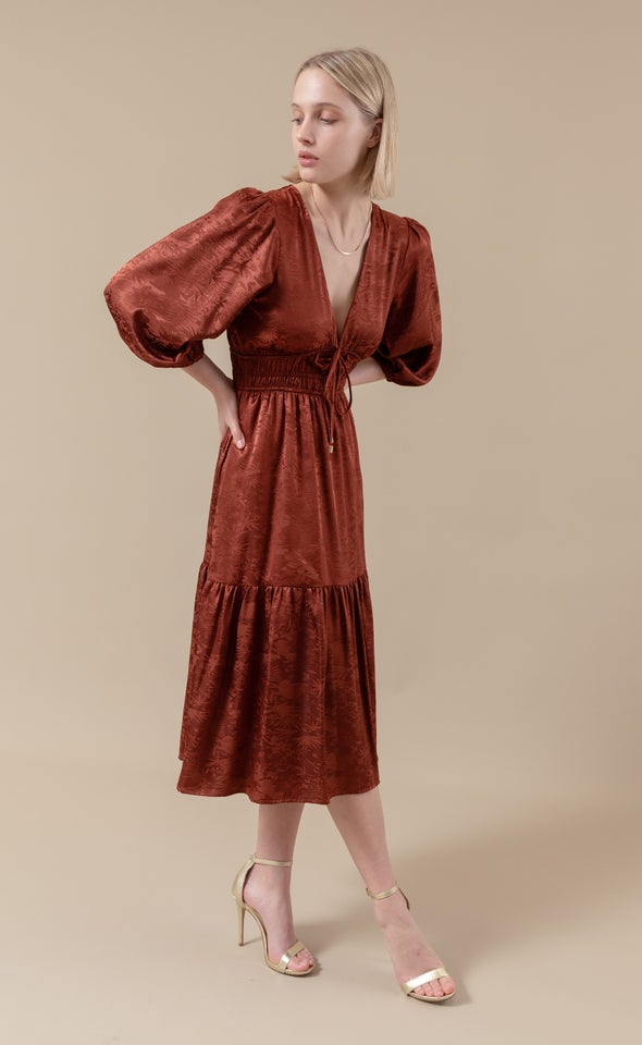 Jacquard Tie Front Dress Rust