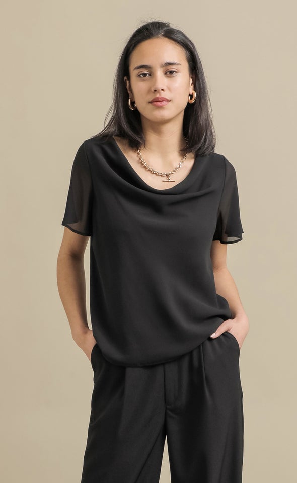 Jersey Back Cowl SS Top Black