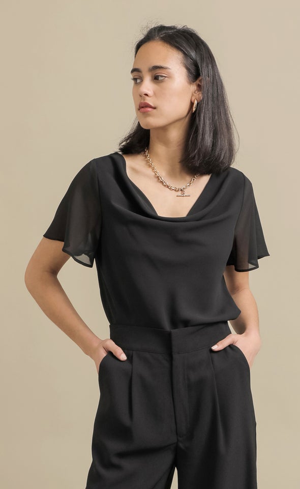 Jersey Back Cowl SS Top Black