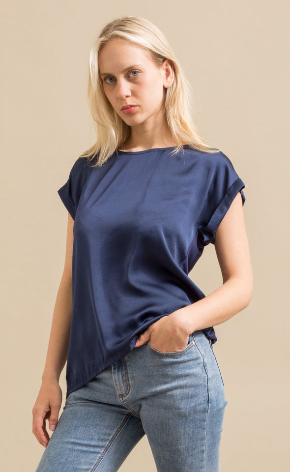 Jersey Back Roll Cuff Top Navy