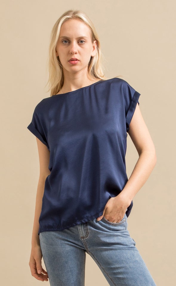 Jersey Back Roll Cuff Top Navy