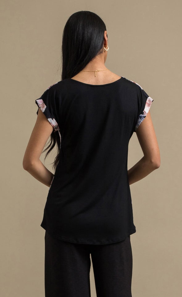 Jersey Back Roll Sleeve Top Black/floral