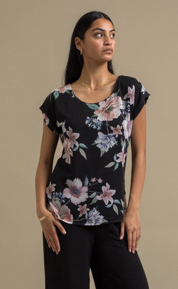 Jersey Back Roll Sleeve Top Black/floral