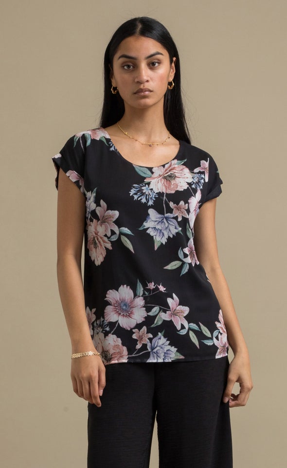 Jersey Back Roll Sleeve Top Black/floral